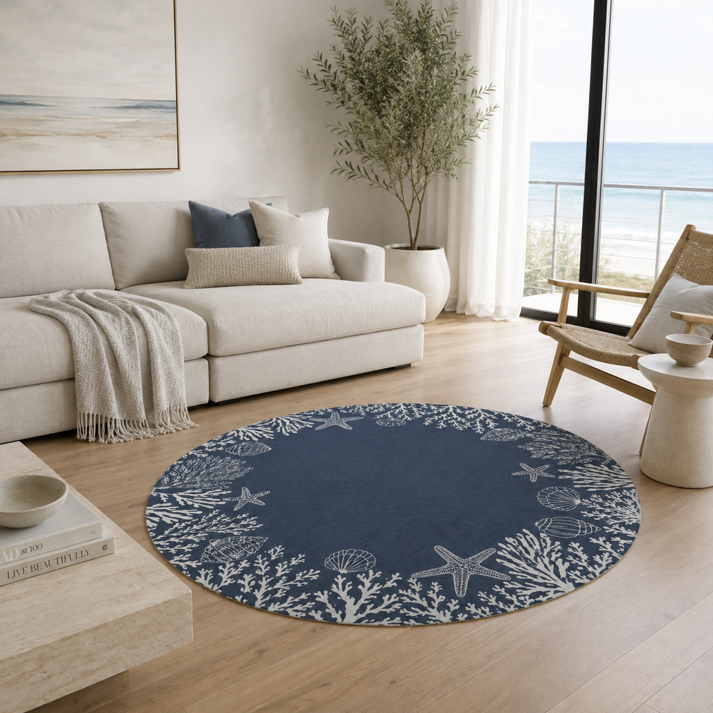 A round navy blue area rug with a white starfish and coral pattern, styled in a bright, modern living room with a beige sofa and a large window overlooking the ocean.