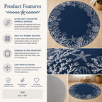A round navy blue rug with a white starfish and coral pattern, shown in multiple views with product feature text on a light gray background. The image includes close-ups of the rug texture, a top-down view showing the full circular shape, and a lifestyle view of the rug styled under furniture.