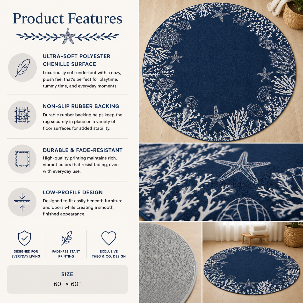 A round navy blue rug with a white starfish and coral pattern, shown in multiple views with product feature text on a light gray background. The image includes close-ups of the rug texture, a top-down view showing the full circular shape, and a lifestyle view of the rug styled under furniture.