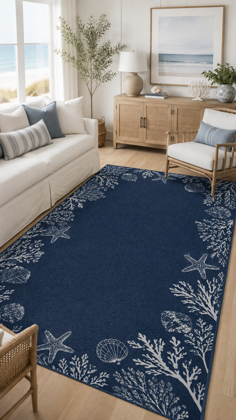 A navy blue area rug with a white ocean-themed border featuring starfish, seashells, and coral, shown in a bright, modern living room setting.