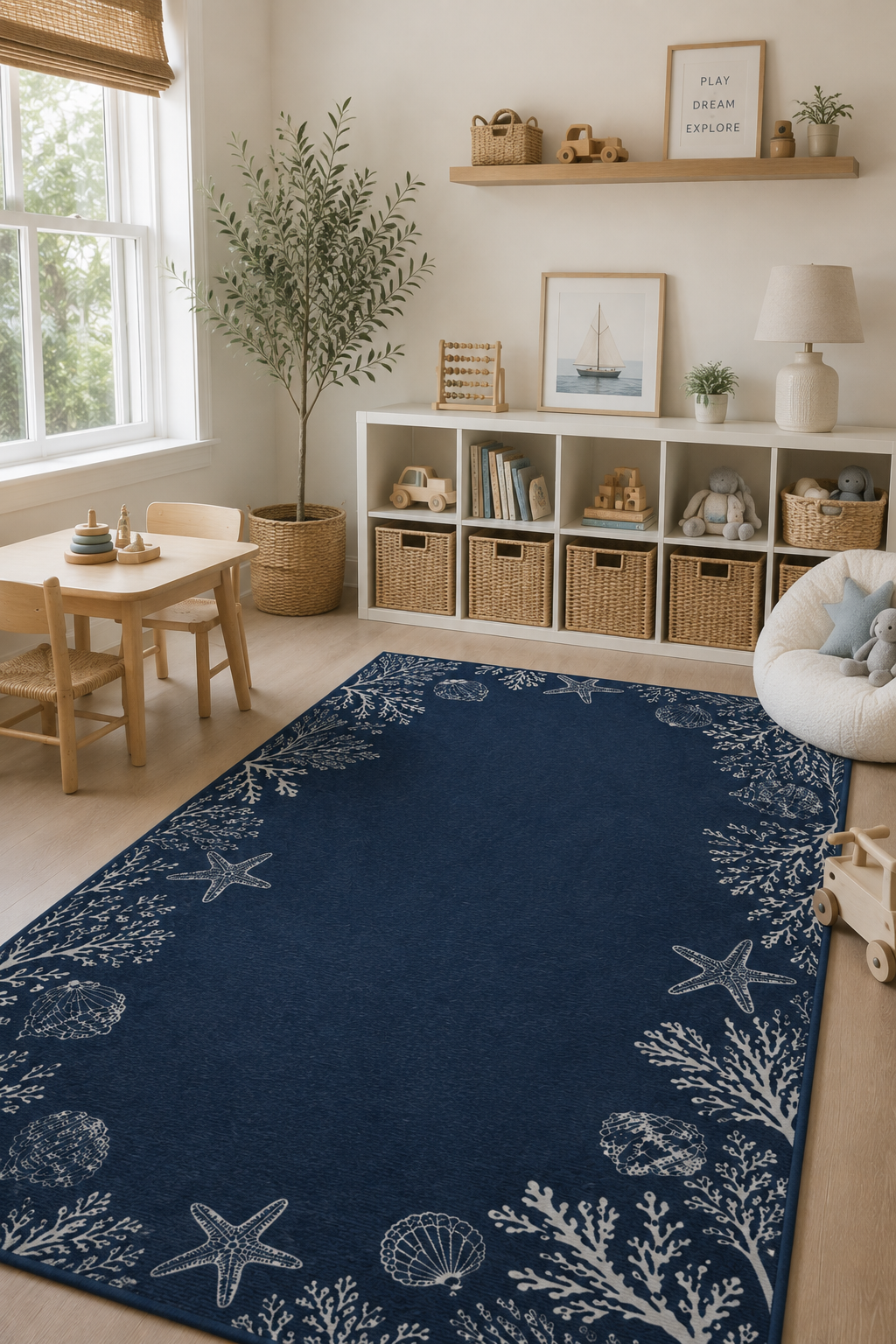 A navy blue area rug with a white nautical print of starfish, seashells, and coral, styled in a bright children's room next to a wooden table, storage shelves, and a white chair.