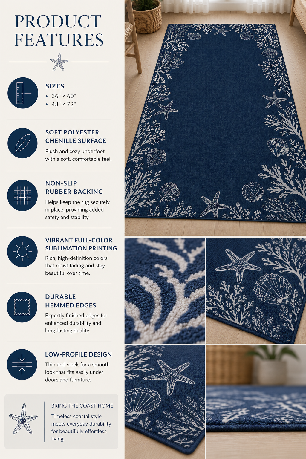 A navy blue runner rug with white starfish and seashell patterns, shown in a home interior setting with a product features panel on the left and detail insets at the bottom.