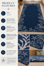 A navy blue runner rug with white starfish and seashell patterns, shown in a home interior setting with a product features panel on the left and detail insets at the bottom.