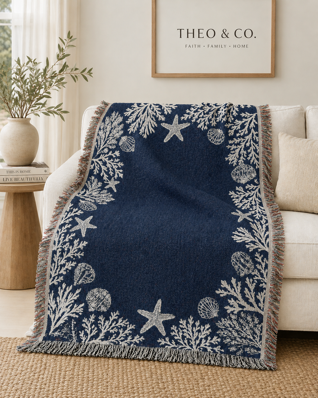 A navy blue throw blanket with a white nautical print of starfish, seashells, and coral, draped over a cream sofa in a styled living room setting.