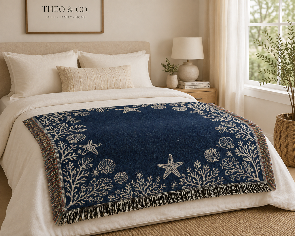 A navy blue throw blanket with white seashell, starfish, and coral patterns is styled on a bed in a bright, neutral-toned bedroom.