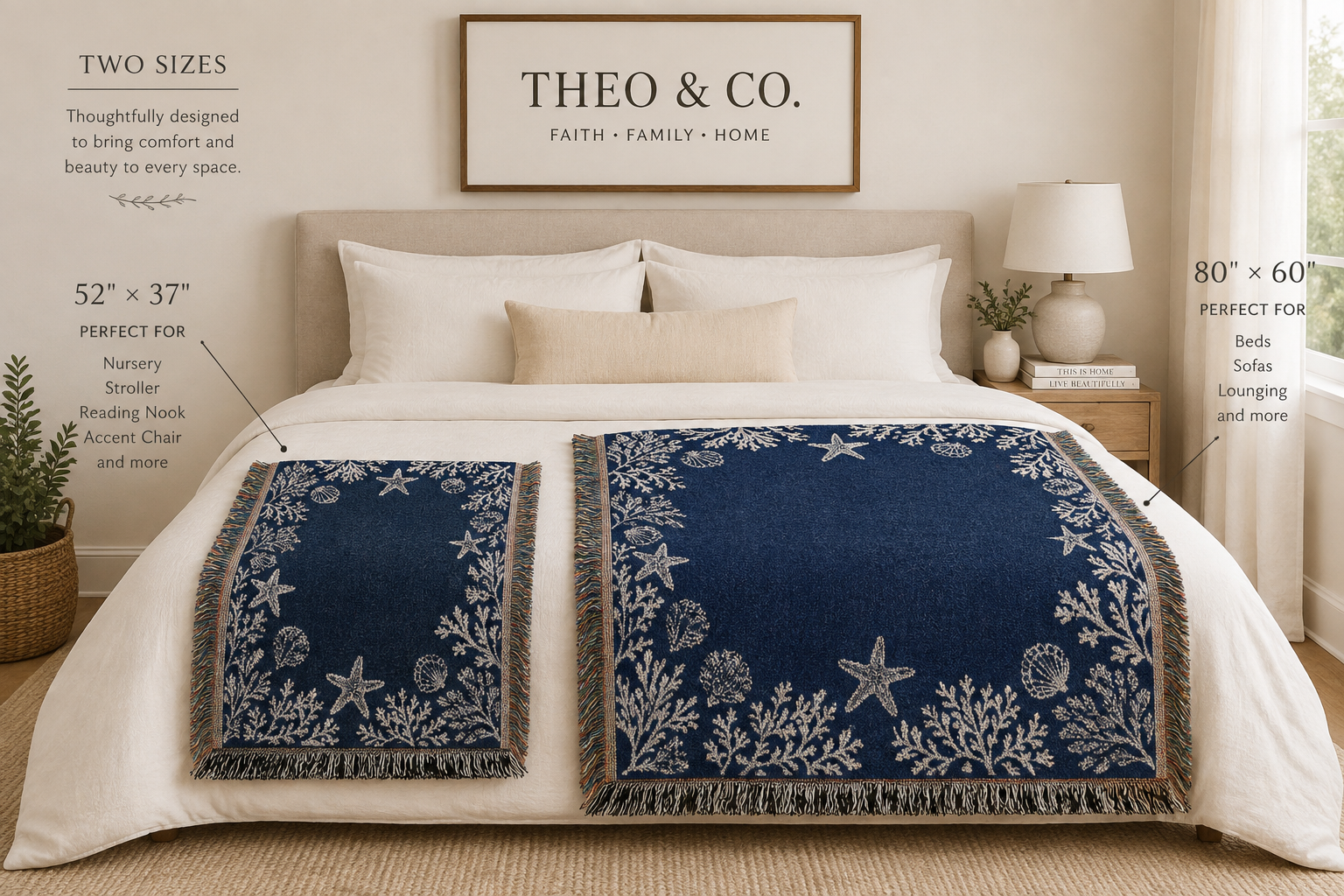 A styled bedroom scene showing two navy blue woven bed runners with white nautical starfish and coral patterns laid across a bed. The room includes a beige headboard, white bedding, a framed 'THEO & CO.