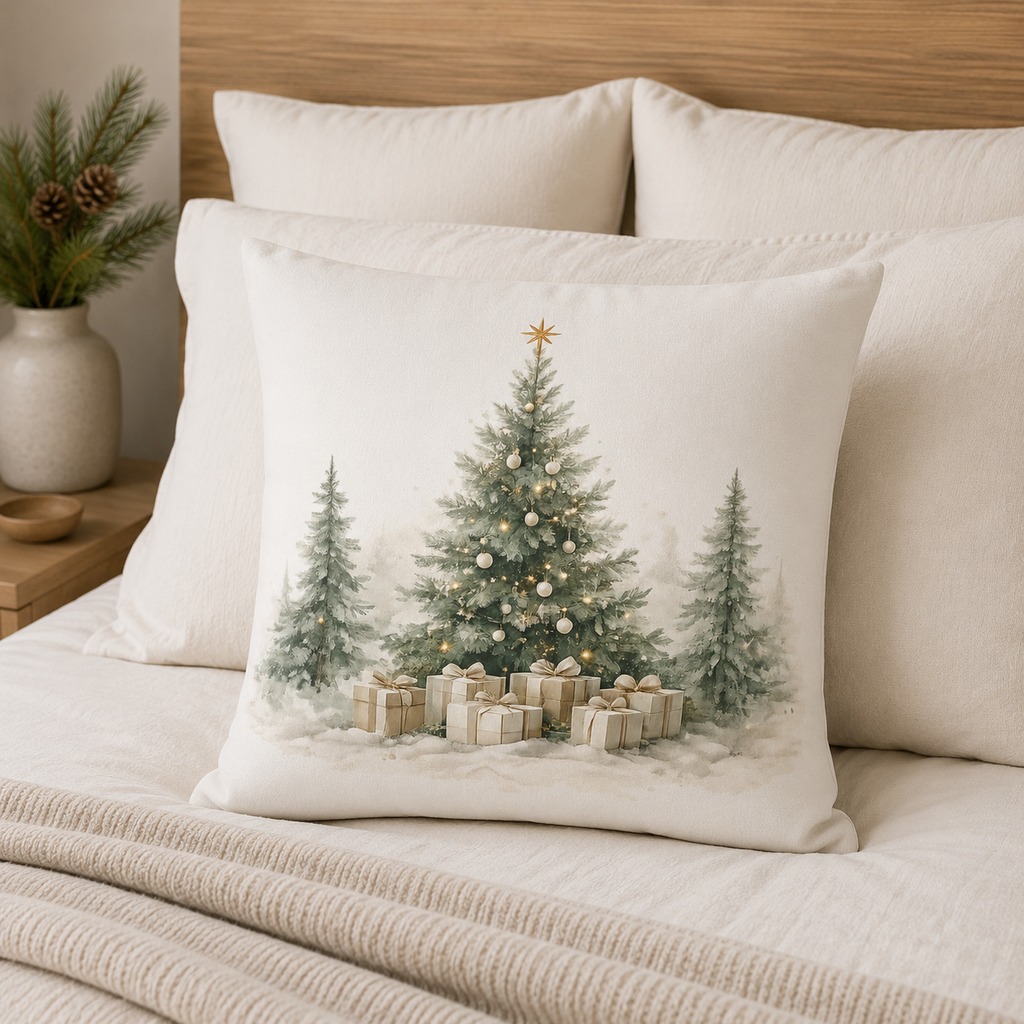 A square decorative throw pillow with a watercolor-style Christmas tree illustration, styled on a bed with neutral-toned bedding and pillows.