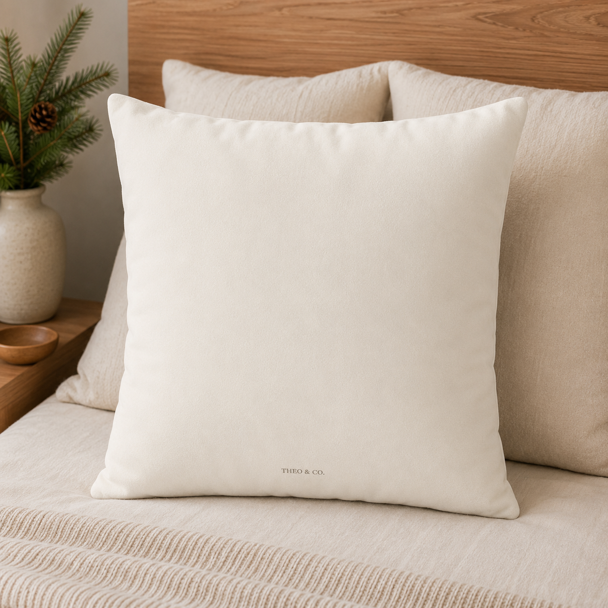 A square off-white throw pillow with 'THORO & CO.' printed in small black text at the bottom center, styled on a beige textured sofa with a wooden headboard and a potted plant in the background.