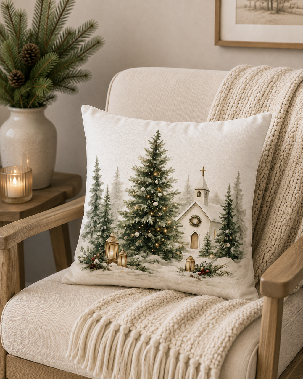 A square decorative throw pillow with a winter Christmas scene printed on it, resting on a cream upholstered armchair with a knit blanket draped over it. The pillow features an illustration of a small church surrounded by evergreen trees and warm lanterns.