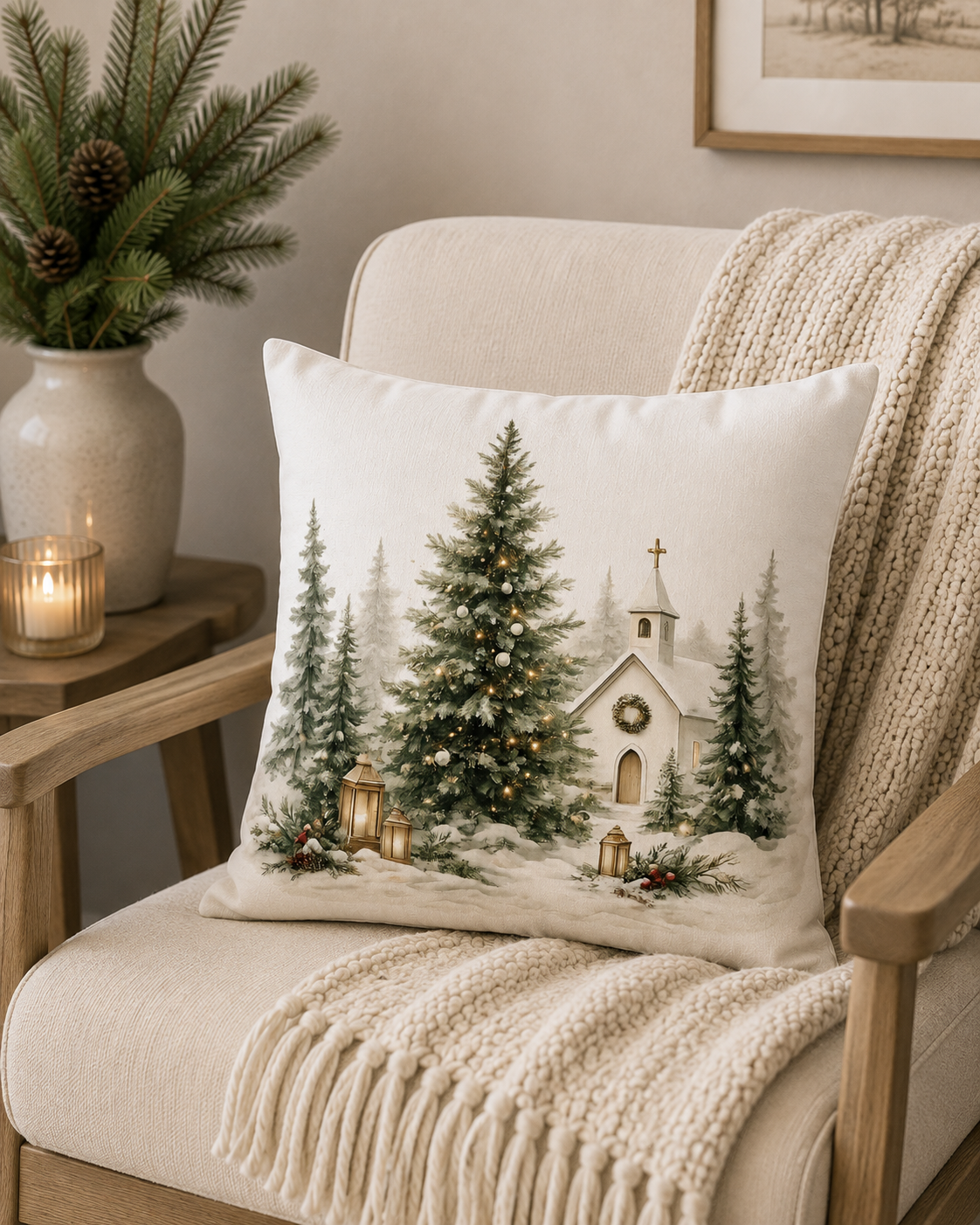 A square decorative throw pillow with a winter Christmas scene printed on it, resting on a cream upholstered armchair with a knit blanket draped over it. The pillow features an illustration of a small church surrounded by evergreen trees and warm lanterns.