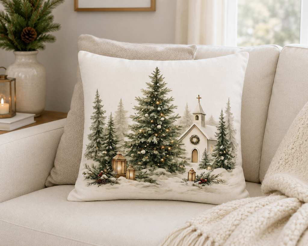A square decorative throw pillow with a Christmas village scene printed on it, resting on a light beige sofa in a cozy living room setting.