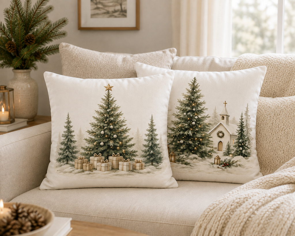 Two square cream throw pillows with a winter Christmas scene printed on them, styled on a beige sofa in a cozy living room setting.