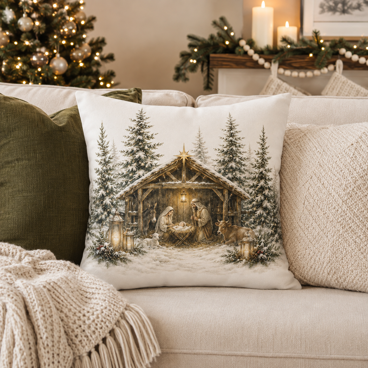 A square throw pillow featuring a Christmas nativity scene with a stable, snowy trees, and lanterns, styled on a beige sofa with other pillows and a cozy holiday background.