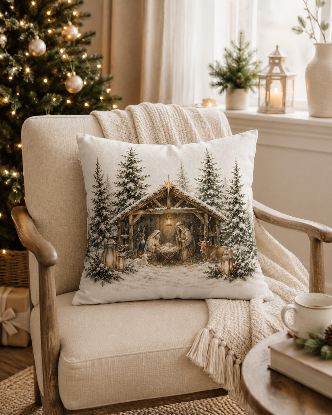 A square decorative throw pillow featuring a Christmas nativity scene print, styled on a beige armchair in a cozy living room with a Christmas tree, blanket, and window in the background.