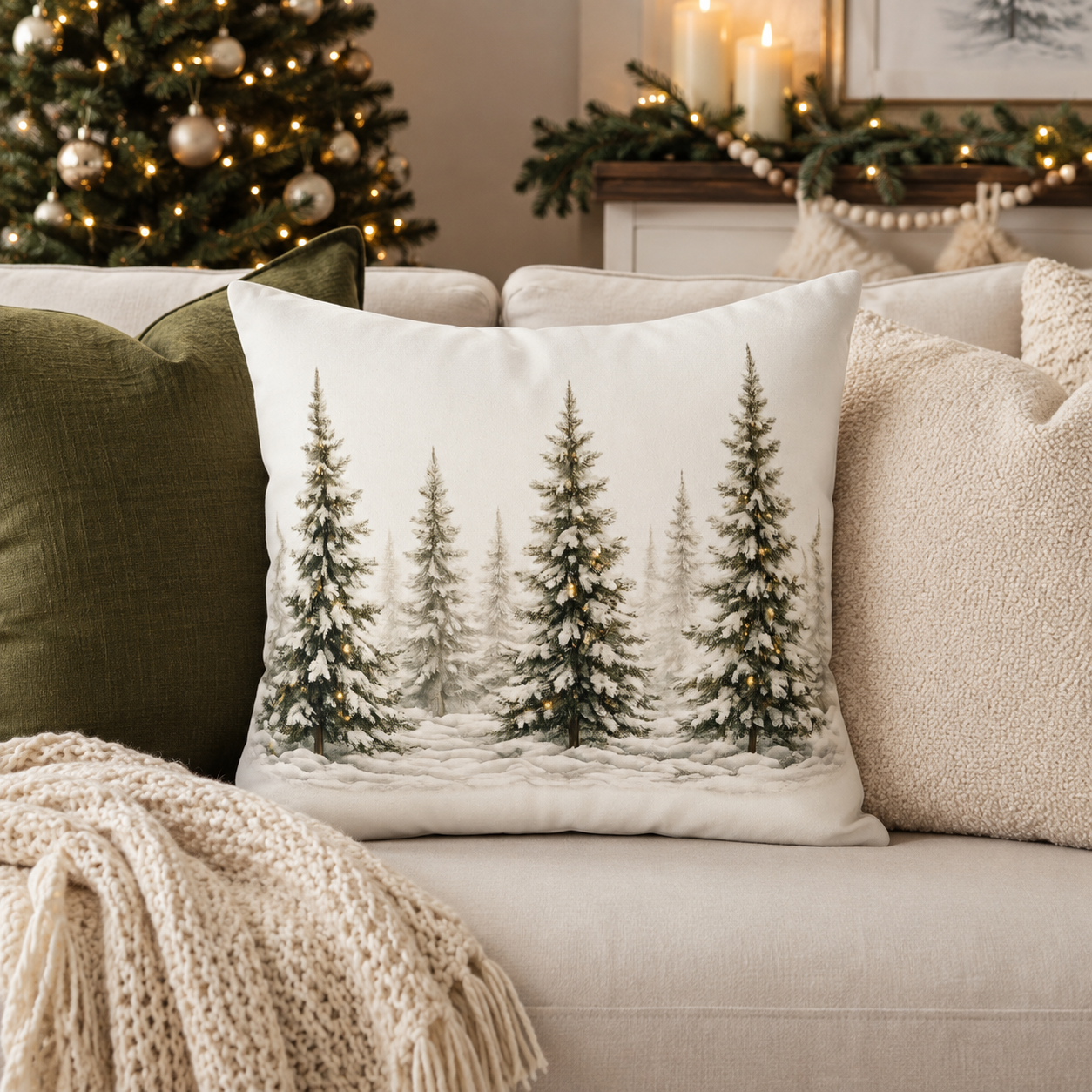 A square decorative throw pillow featuring a winter forest design with snow-covered pine trees, styled on a beige sofa with other pillows and a knit blanket, with a decorated Christmas tree in the background.