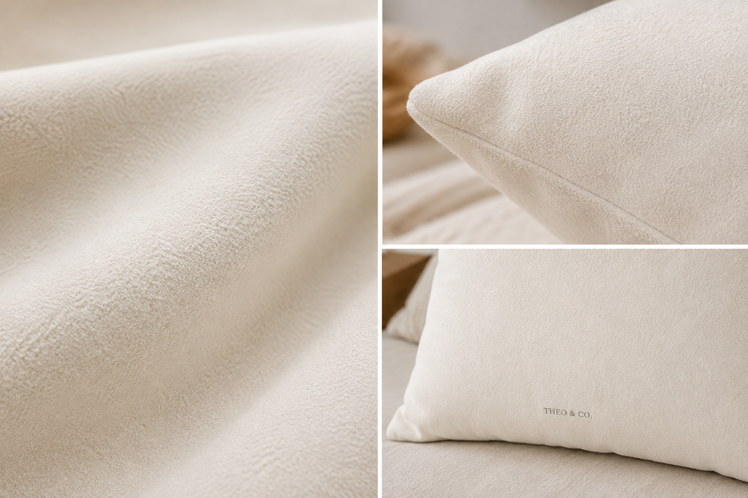 A collage showing a soft cream-colored textile product, likely bedding or a pillow, with close-up views of its plush texture and a small visible TWOO & CO logo on one panel.