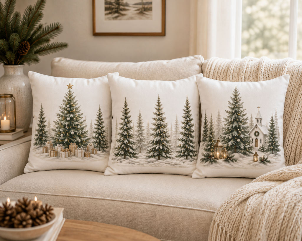 Three square throw pillows with a winter Christmas tree and church print, arranged on a beige sofa in a cozy living room setting.