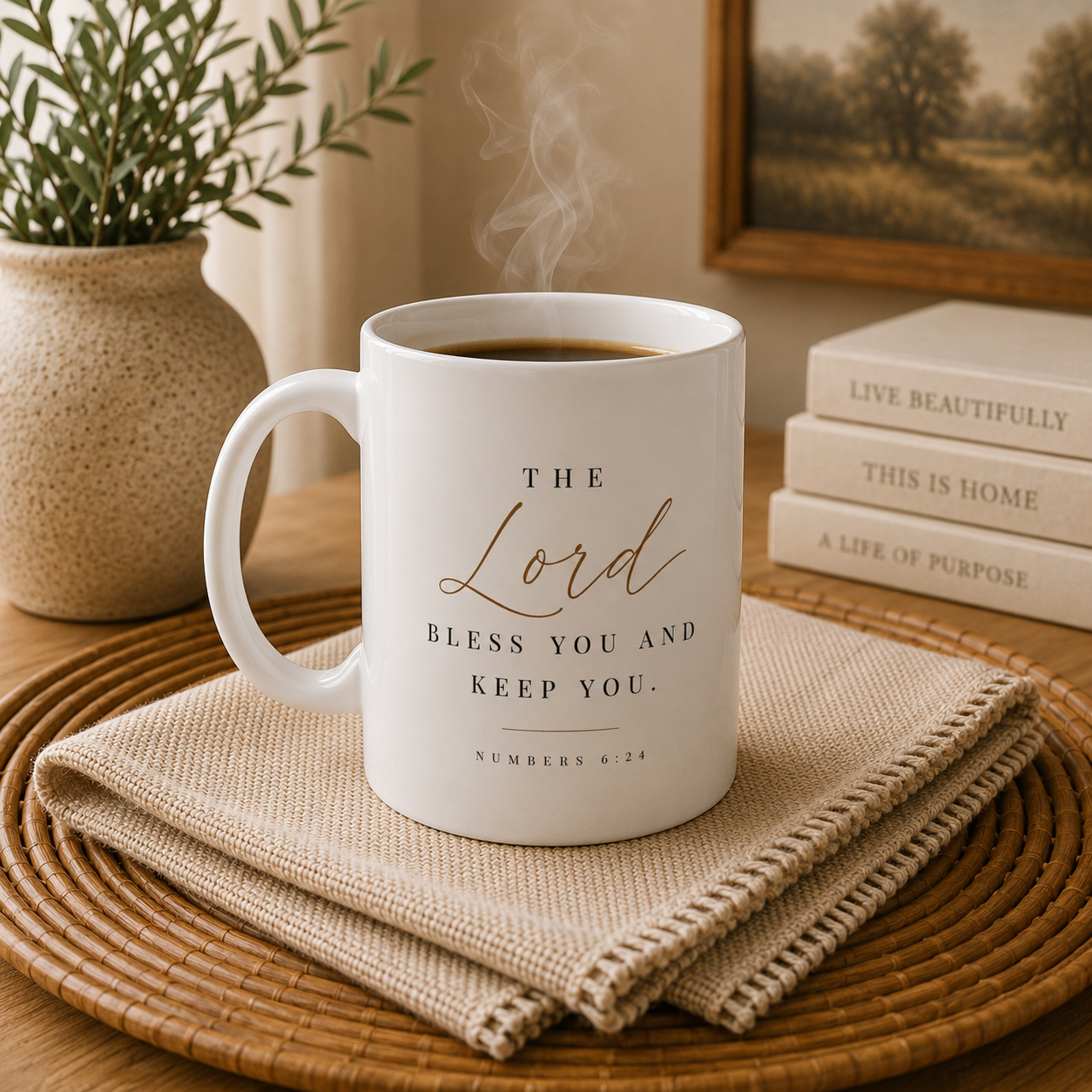 A white ceramic coffee mug with a Bible verse printed on it, sitting on a woven placemat with a folded linen napkin. The mug is filled with a hot beverage that is visibly steaming.