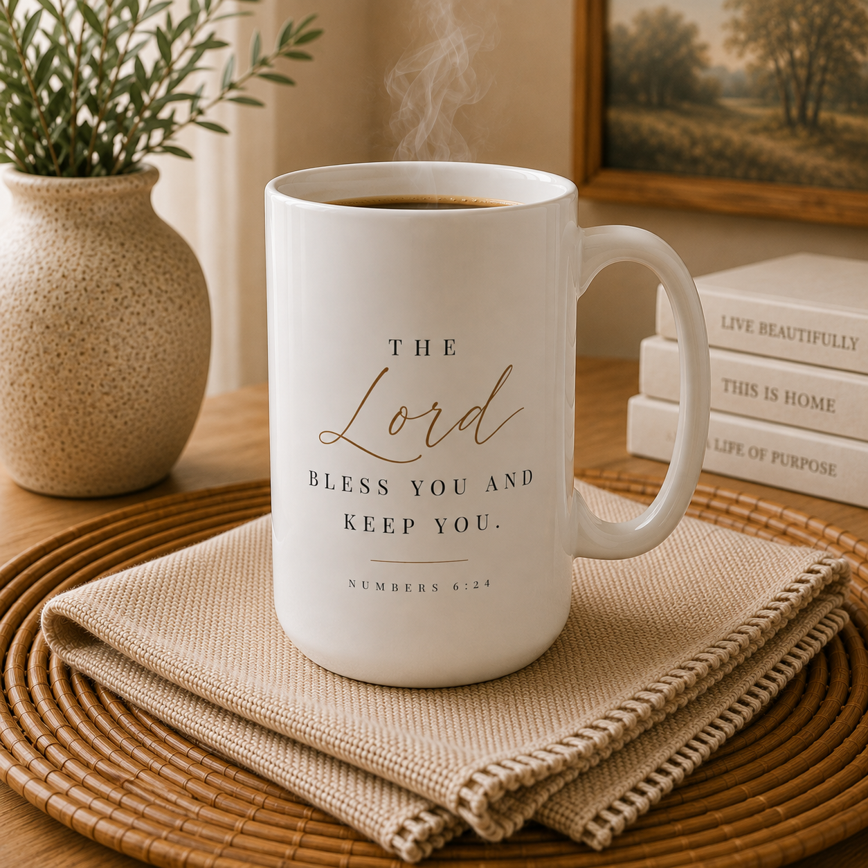 A white ceramic coffee mug with a warm-toned bible verse printed on it, sitting on a woven placemat with a beige cloth napkin. The mug is styled in a cozy home environment with a potted plant, books, and a framed picture in the background.
