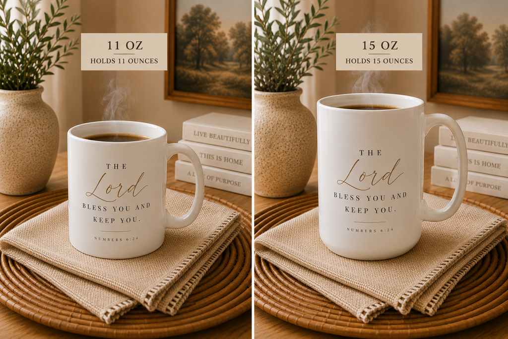 Two ceramic mugs with the printed phrase “The Lord Bless You and Keep You” shown side by side in a styled home setting. The left mug is labeled “11 OZ HOLDS 11 OUNCES” and is smaller; the right mug is labeled “15 OZ HOLDS 15 OUNCES” and is larger.