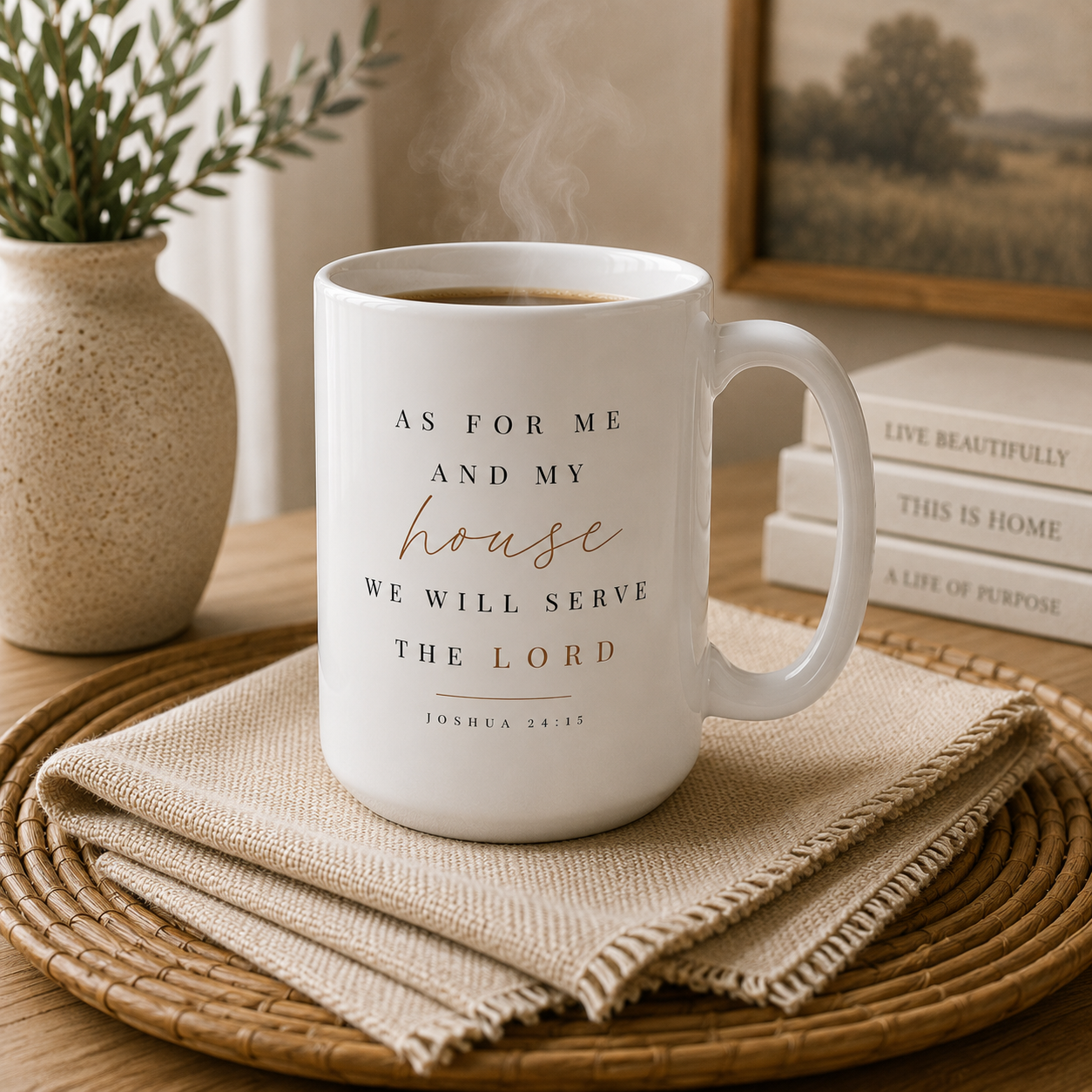 A white ceramic coffee mug with a Bible verse printed on it, sitting on a woven placemat with a beige cloth napkin. The mug is styled in a warm, cozy home setting with a small potted plant and books in the background.