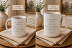 Two white ceramic mugs with gold and black Bible verse quotes are shown side by side in a styled home setting. The left mug is labeled 11 oz and the right mug is labeled 15 oz.