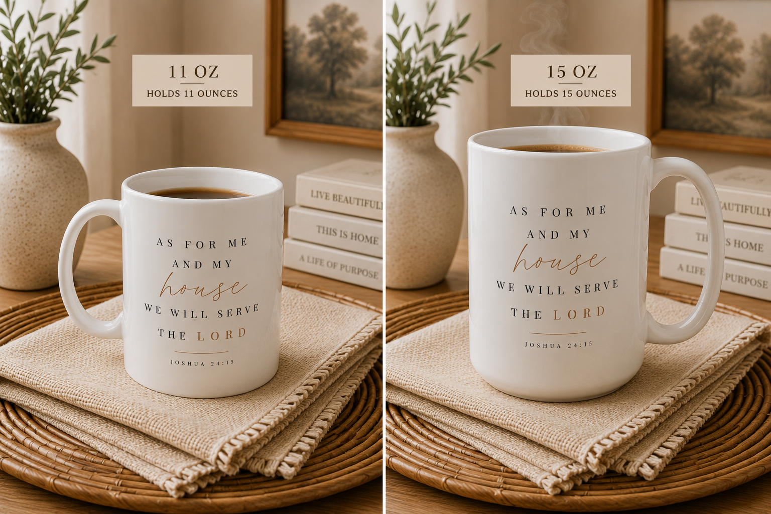 Two white ceramic mugs with gold and black Bible verse quotes are shown side by side in a styled home setting. The left mug is labeled 11 oz and the right mug is labeled 15 oz.