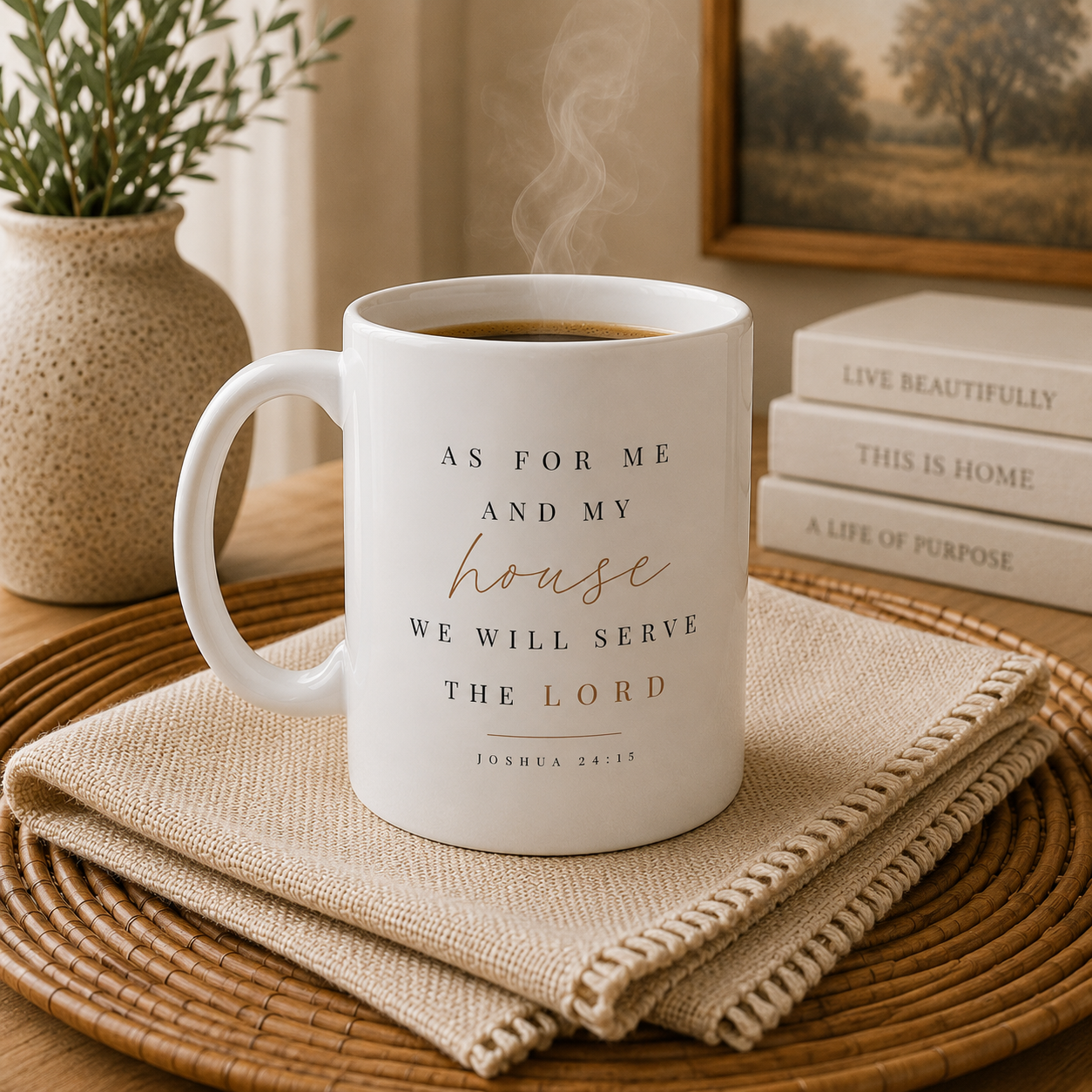 A white ceramic coffee mug with a Bible verse printed on it, sitting on a woven placemat with a linen napkin, coffee steam rising, and home decor in the background.