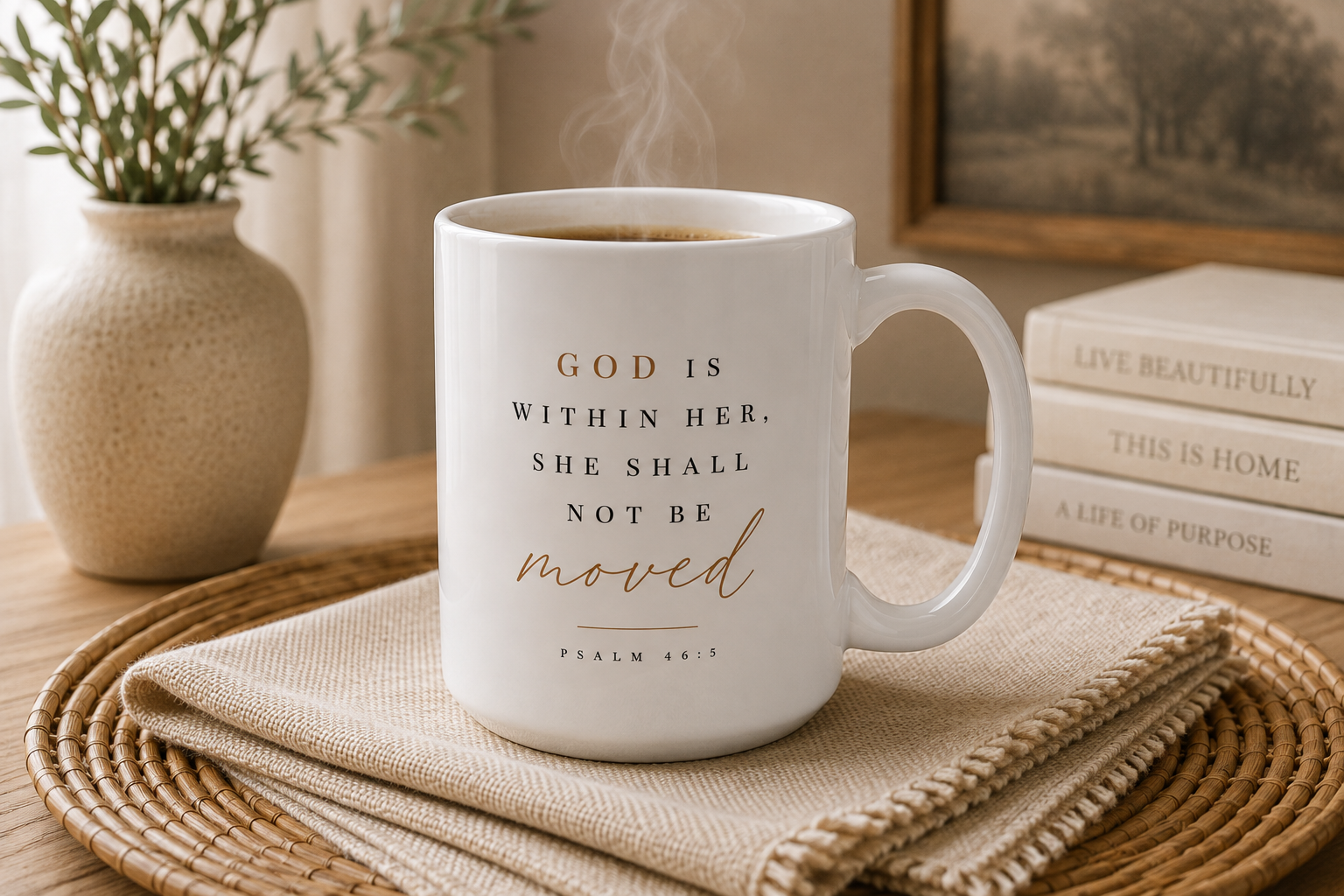 A white ceramic coffee mug with a Bible verse printed on it, sitting on a woven placemat with a linen napkin. The mug features the text 'GOD IS WITHIN HER, SHE SHALL NOT BE moved' from Psalm 44:5.