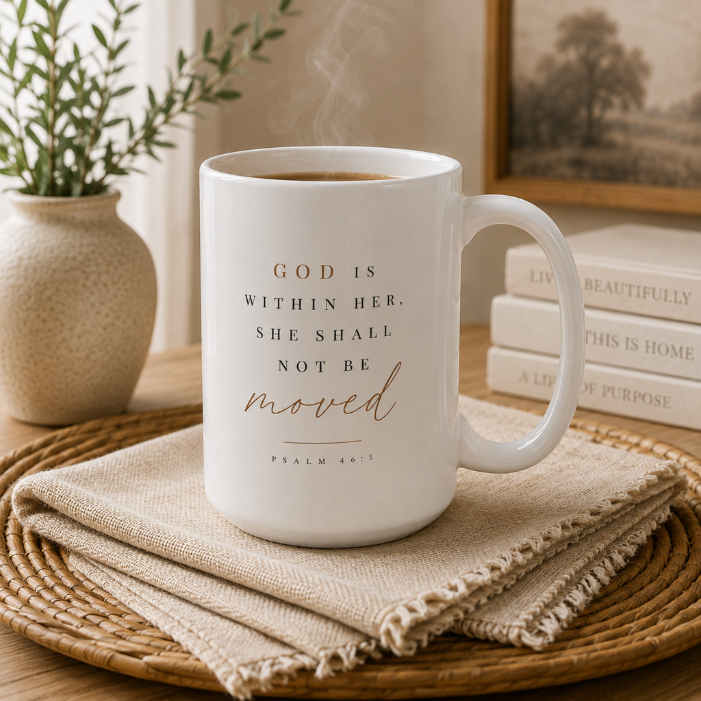 A white ceramic mug with a Bible verse printed on it, sitting on a woven placemat with a linen napkin. The mug has coffee in it and steam rising, with a potted plant and books in the softly lit background.