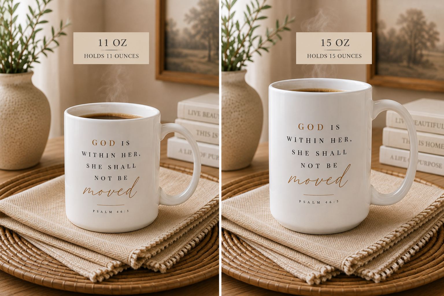 Two ceramic mugs with the Bible verse 'God is within her, she shall not be moved' shown side by side in a styled home setting. The left mug is labeled 11 oz and the right mug is labeled 15 oz.