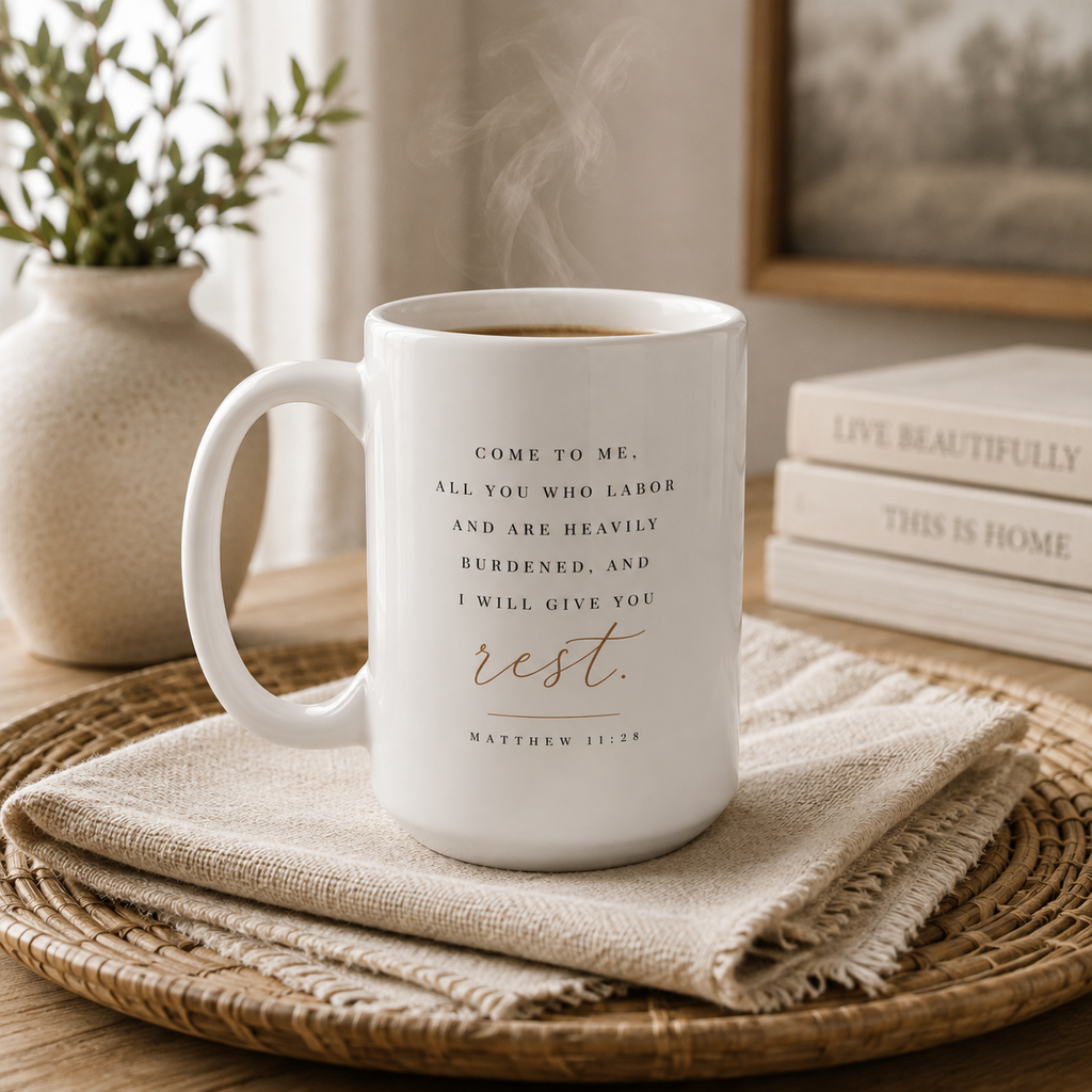 A white ceramic mug with a biblical quote printed in black and rose-gold lettering, resting on a woven placemat with a linen napkin. The background features a blurred cozy interior with a potted plant and books.