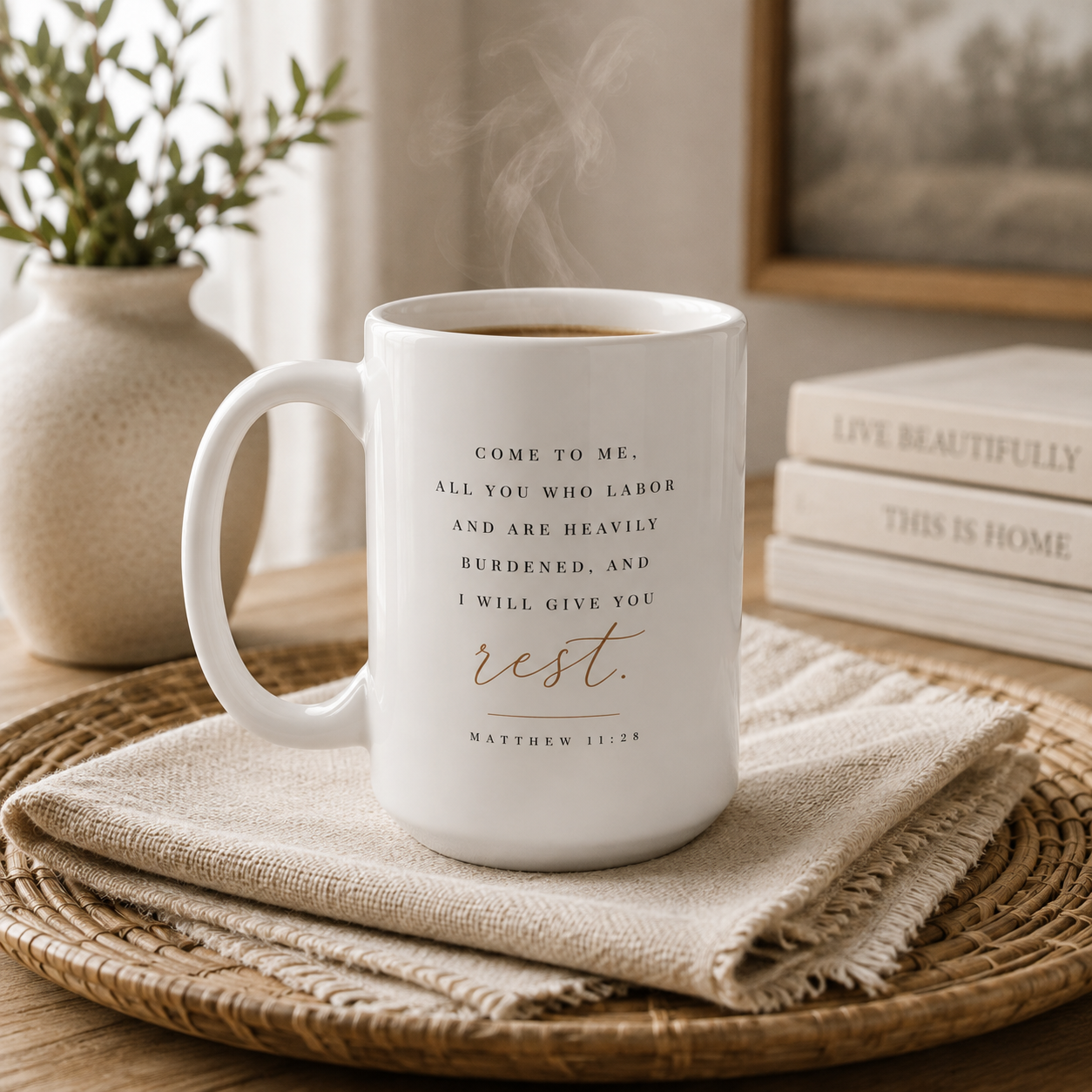 A white ceramic mug with a biblical quote printed in black and rose-gold lettering, resting on a woven placemat with a linen napkin. The background features a blurred cozy interior with a potted plant and books.