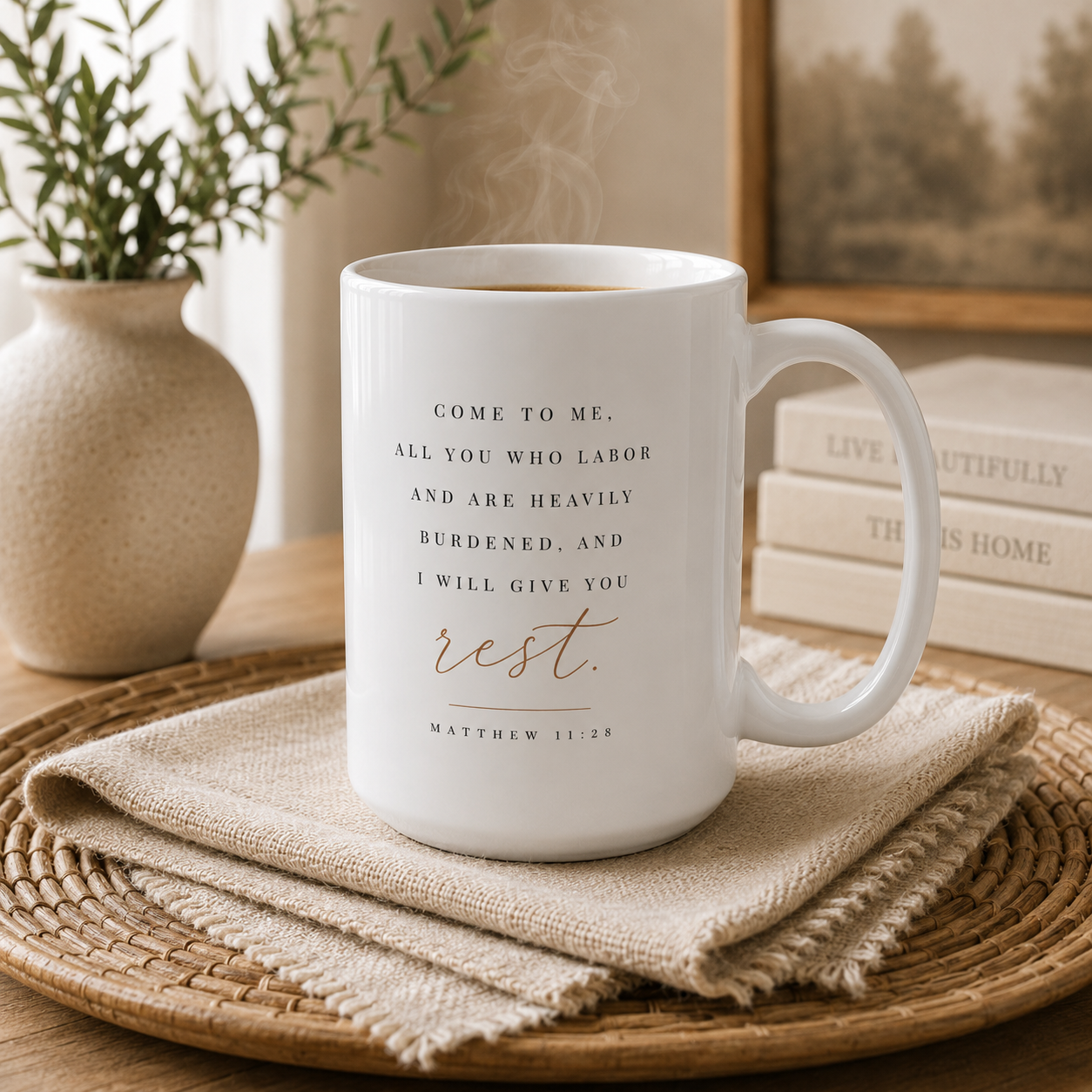 A white ceramic mug with a Bible verse printed on it, placed on a woven placemat with a beige cloth underneath in a cozy home setting.