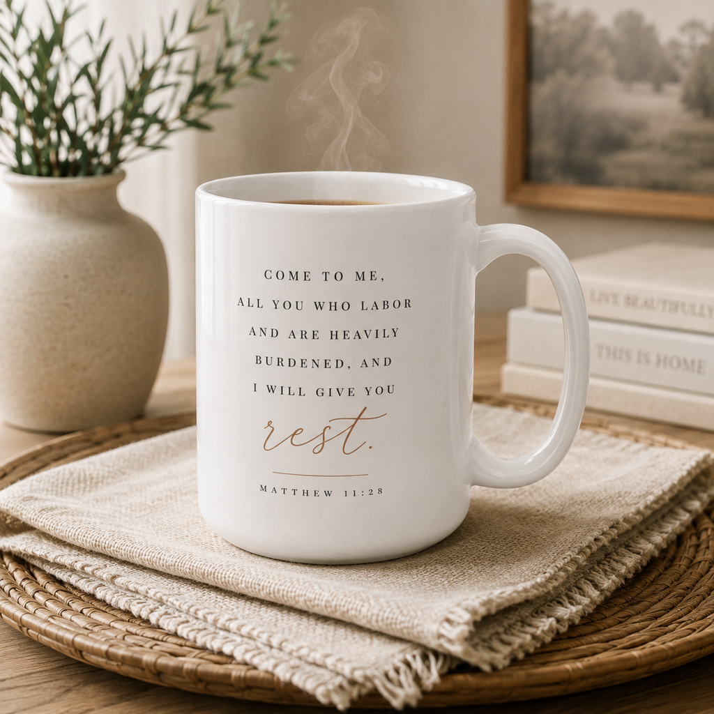 A white ceramic mug with a Bible verse printed in black and rose gold lettering, sitting on a woven tray with a beige cloth napkin. The mug is styled in a warm, cozy home environment with a potted plant and books in the background.