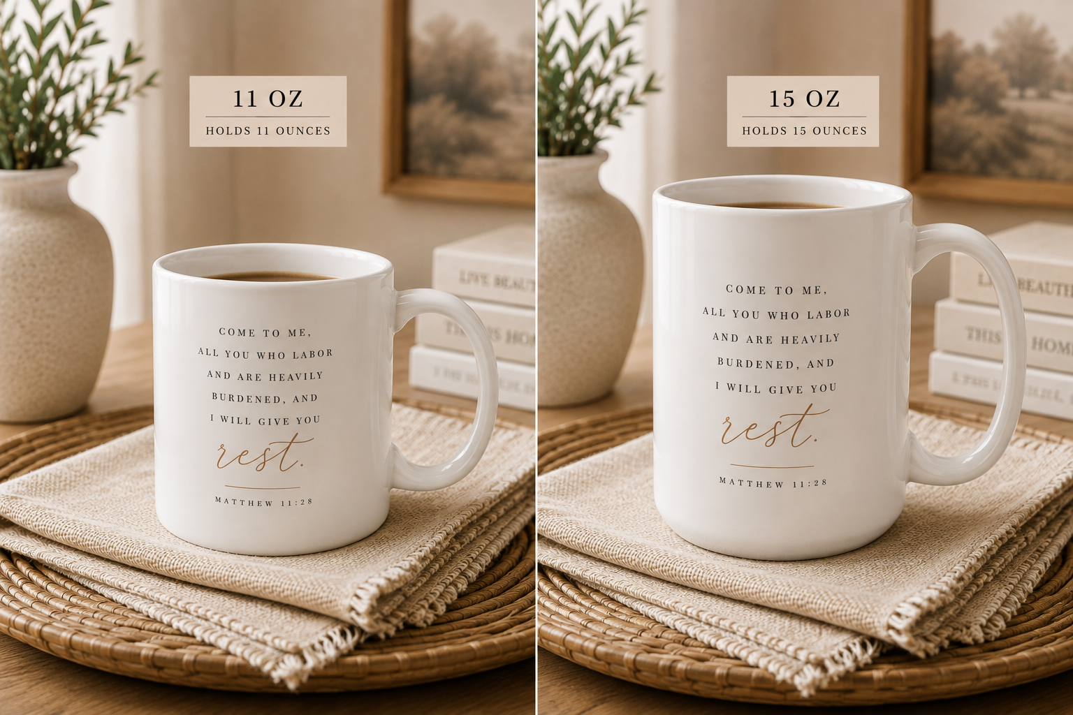 Two white ceramic mugs with Bible verse text and gold script lettering, shown side by side in a styled home setting. The left mug is labeled 11 OZ and the right mug is labeled 15 OZ.