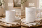 Two white ceramic mugs with gold and black inspirational Bible verse prints, shown side by side on a woven tray with a beige cloth. The left mug is labeled 11 OZ and the right mug is labeled 15 OZ.