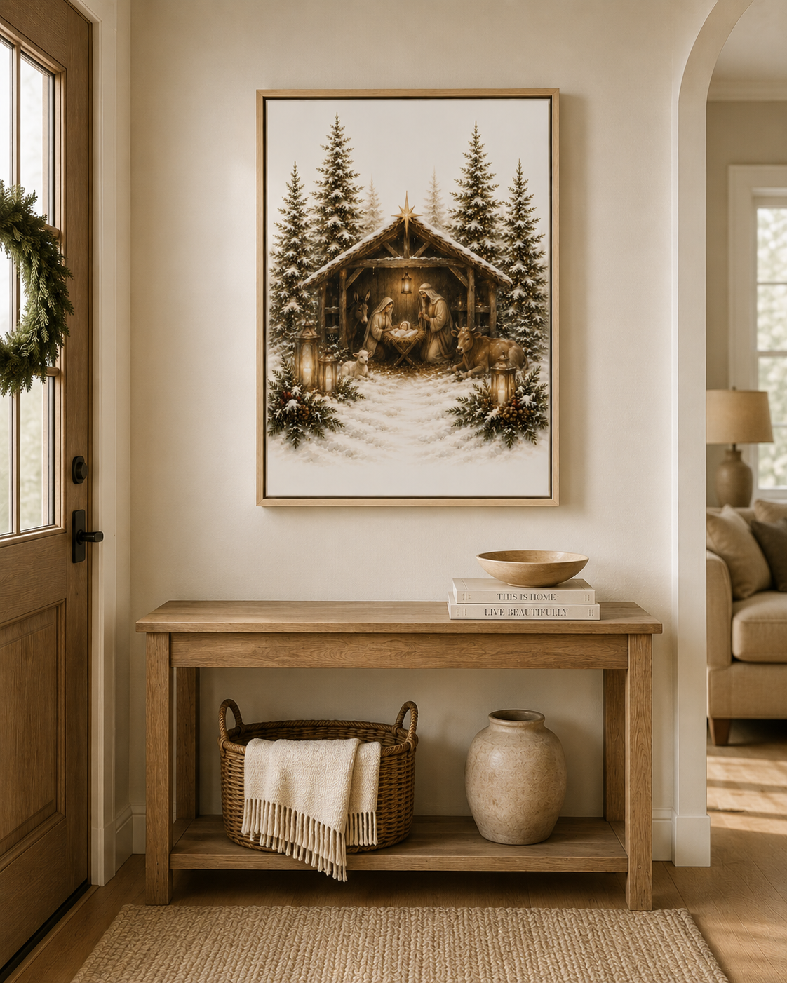 A framed art print depicting a rustic nativity scene with a stable, pine trees, and warm glowing lights, displayed on a beige wall above a wooden console table in a cozy living room setting.