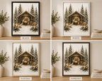 Four framed art prints showing a snowy winter nativity scene with pine trees, each labeled with a finish option: BLACK, WHITE, NATURAL, and ESPRESSO. The frames and prints are arranged in a 2x2 grid on a beige wall above a wooden surface with books and vases.