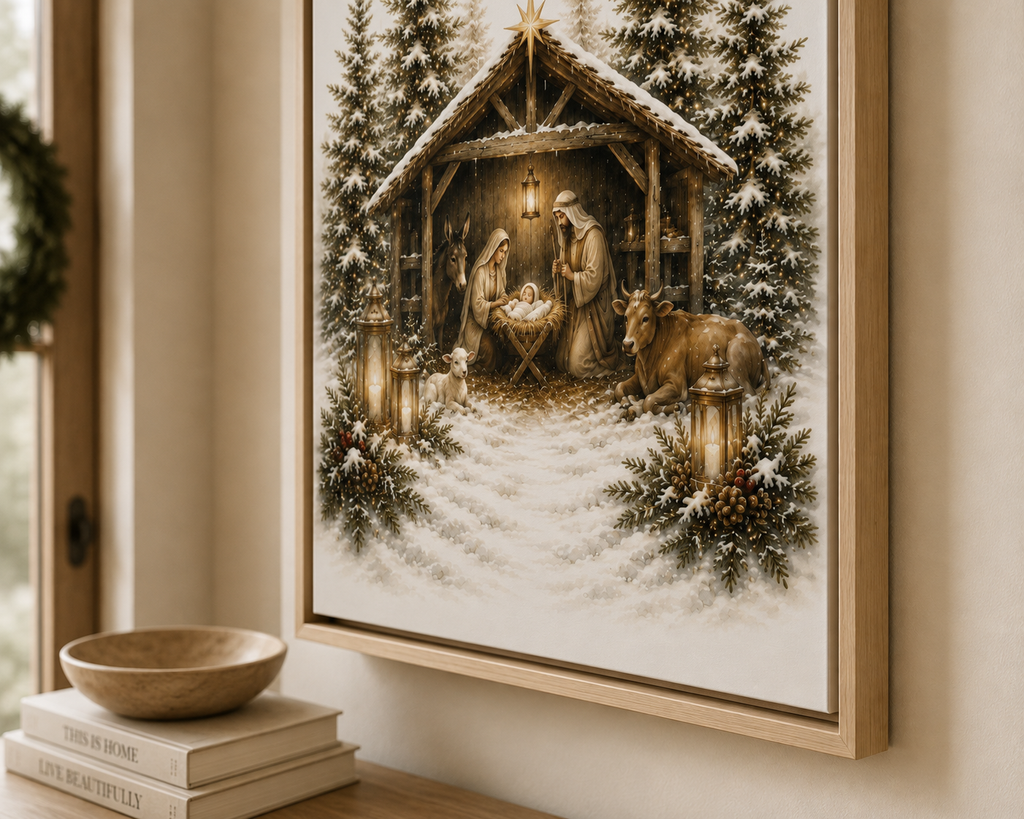 Framed wall art showing a snowy Christmas nativity scene with Mary, Joseph, baby Jesus in a manger, evergreen trees, and a cow, displayed on a beige wall above a wooden surface with books and a bowl.
