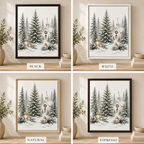 Four framed winter forest art prints are shown in a 2x2 grid, each with a different frame finish: black, white, natural wood, and espresso. The prints depict snowy pine trees, a small church, and warm lanterns.
