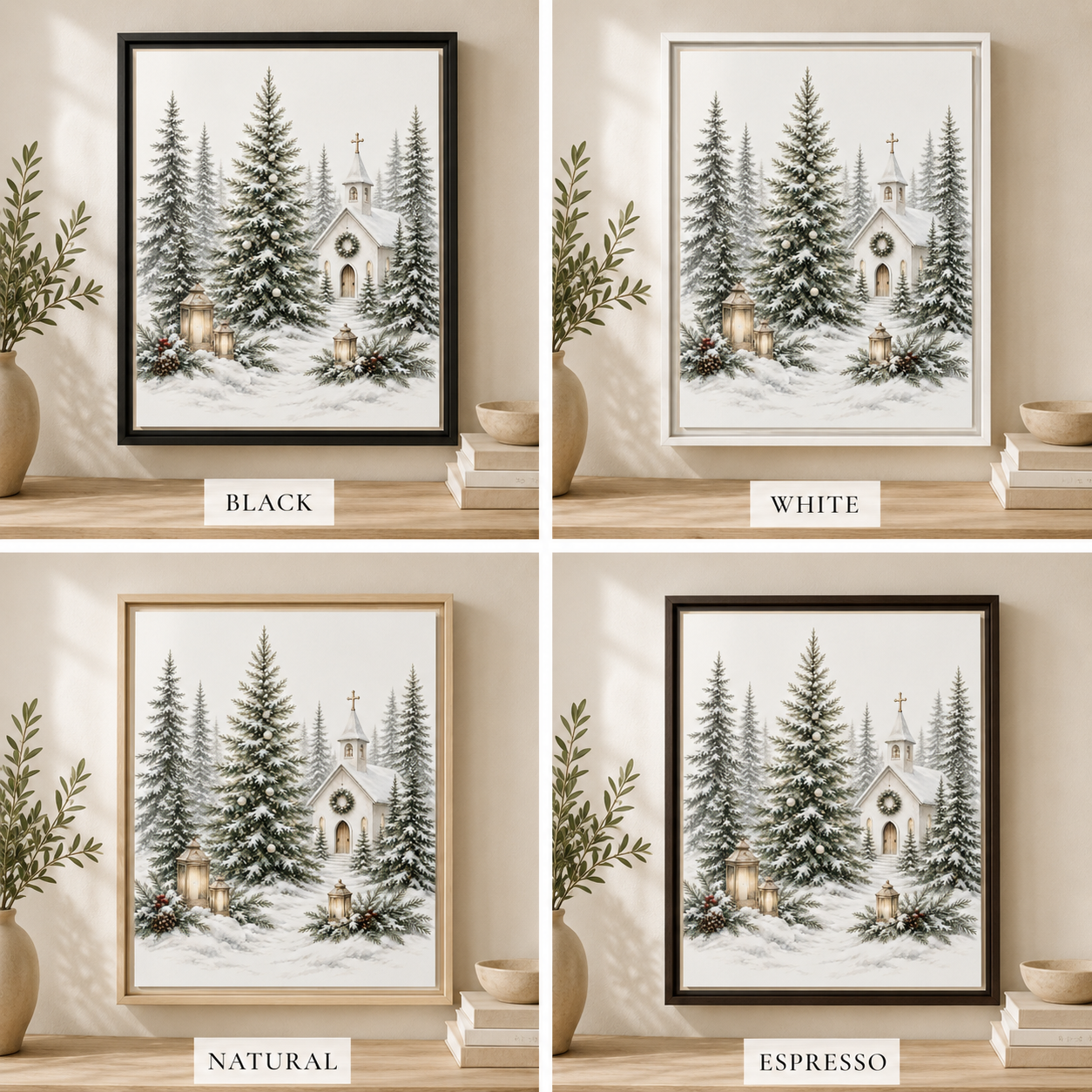 Four framed winter forest art prints are shown in a 2x2 grid, each with a different frame finish: black, white, natural wood, and espresso. The prints depict snowy pine trees, a small church, and warm lanterns.