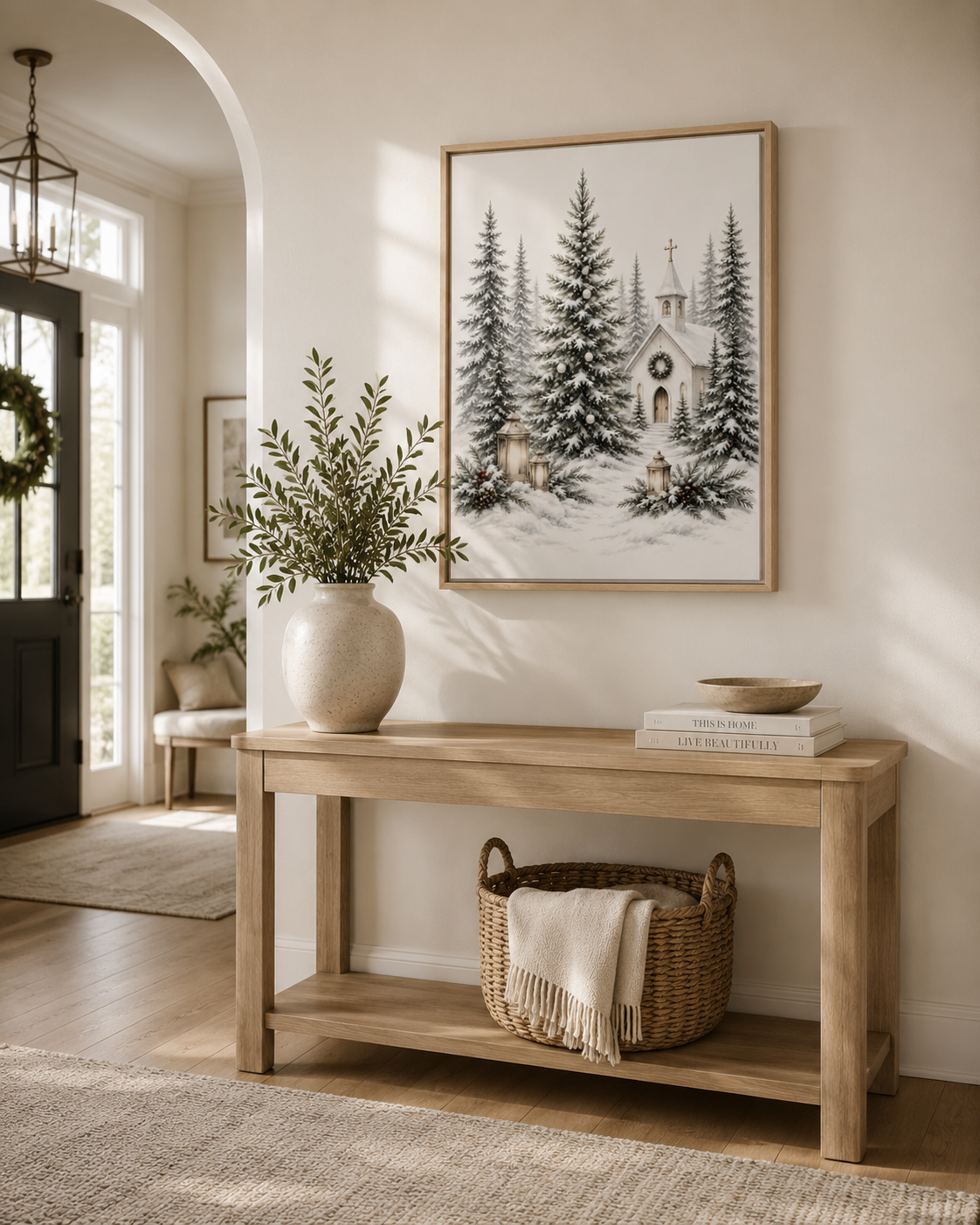 A framed art print depicting a snowy winter forest with pine trees and a small church, styled on a light wood console table in a warm, sunlit entryway.