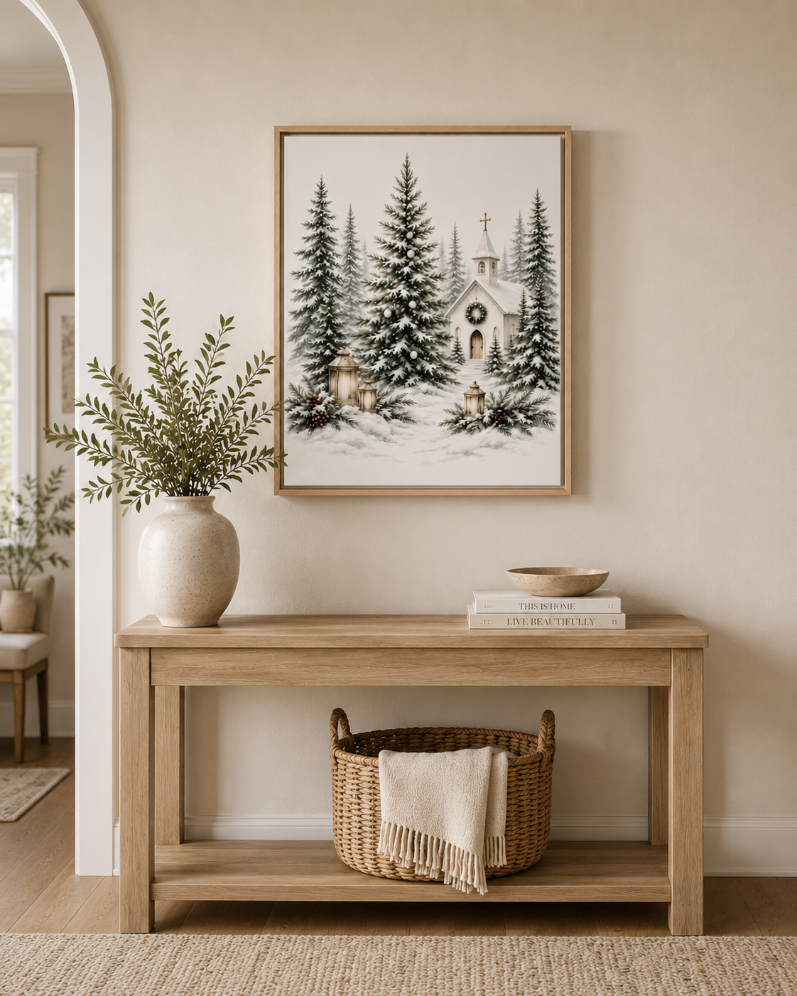 Framed wall art featuring a winter forest scene with a small church, displayed above a light wood console table in a warm beige room.