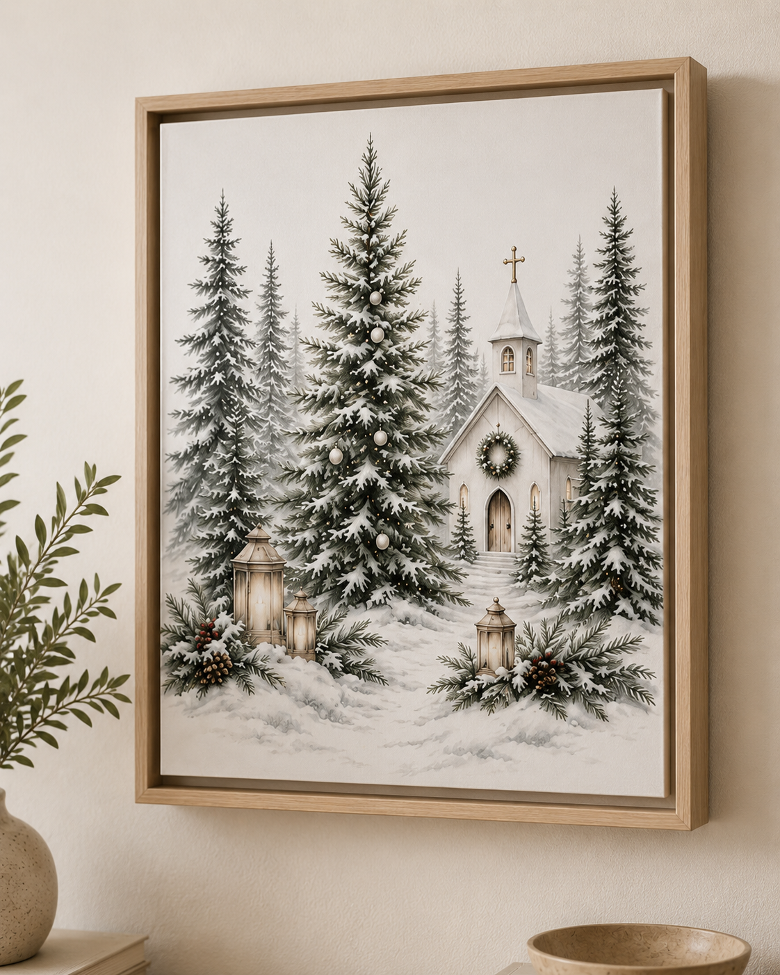 Framed wall art featuring a snowy winter church scene with tall evergreen trees, lanterns, and a wreath, displayed on a beige wall above a small table with a plant and bowl.