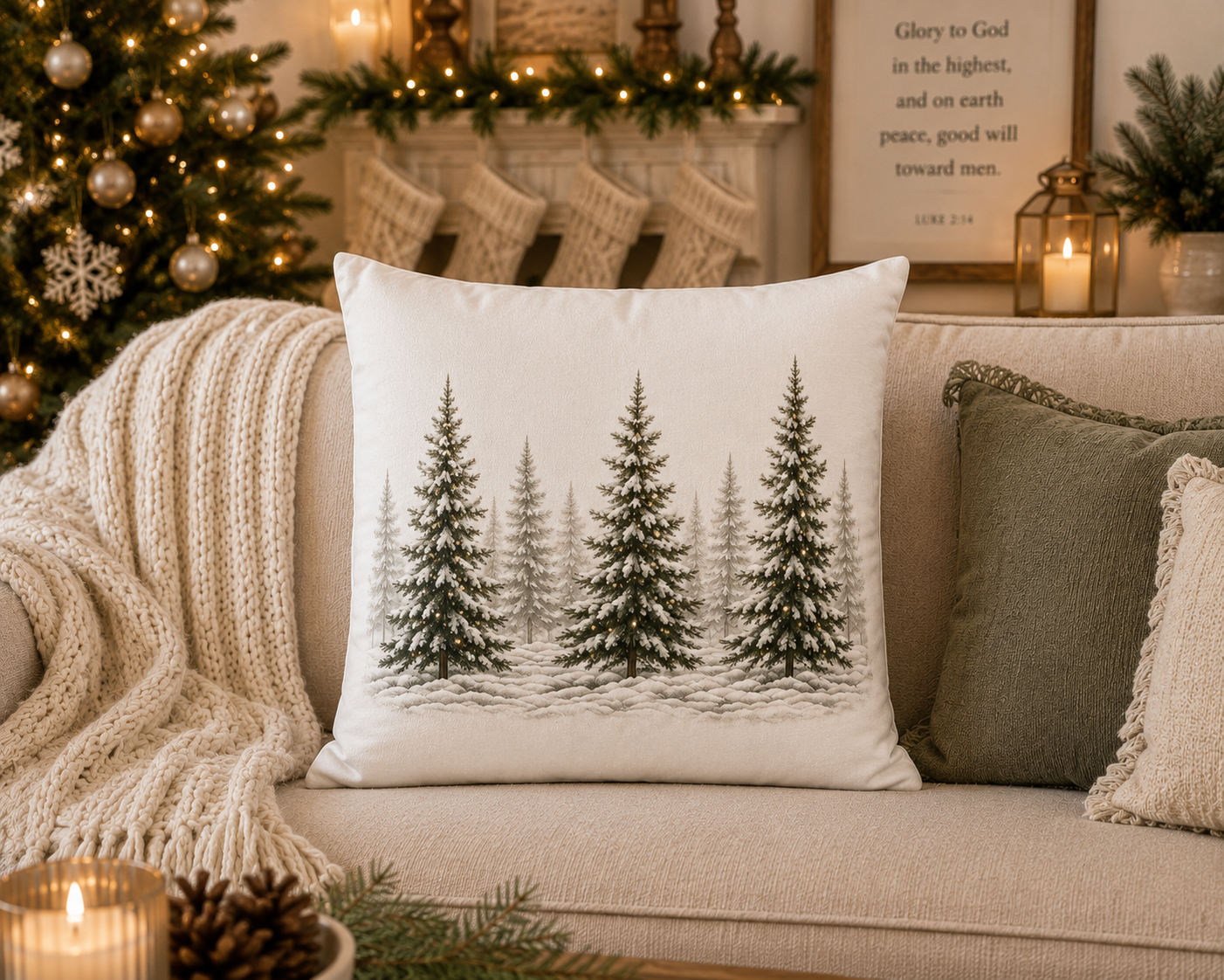 A square white throw pillow featuring a black line-art design of pine trees in winter, styled on a beige sofa with a cream knit blanket, green accent pillows, and a cozy Christmas tree in the background.