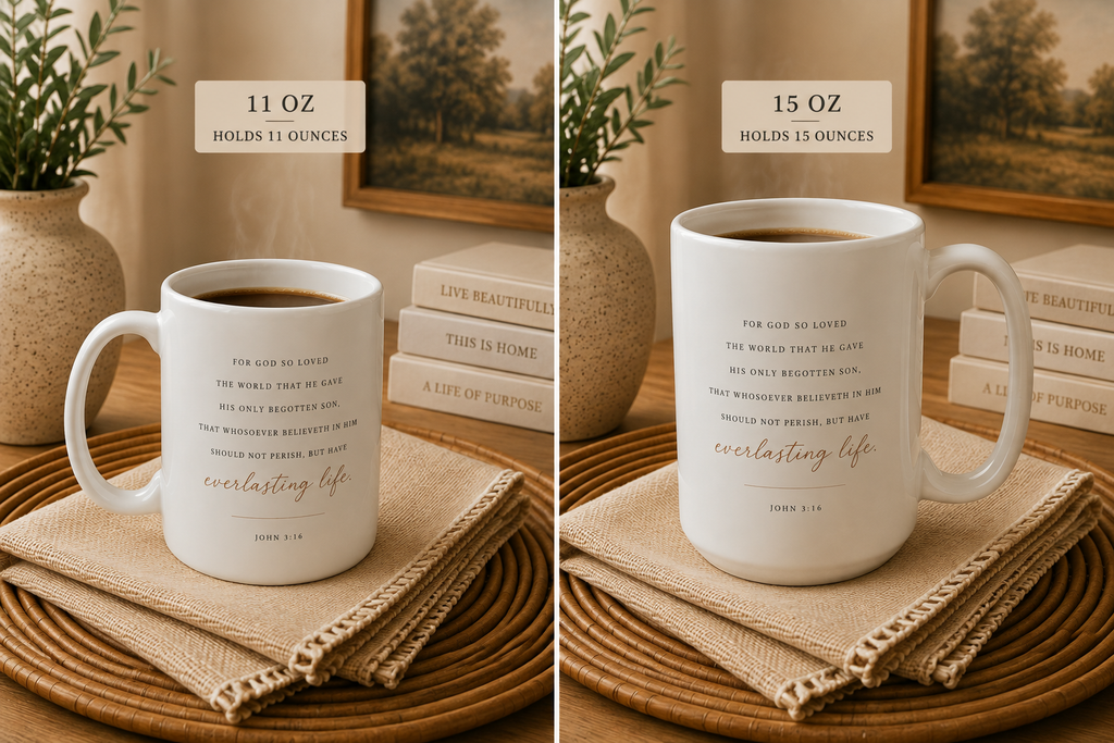 A side-by-side comparison of two white ceramic mugs with Bible verse quotes in gold lettering. The left mug is labeled '11 OZ HOLDS 11 OUNCES' and the right mug is labeled '15 OZ HOLDS 15 OUNCES'.
