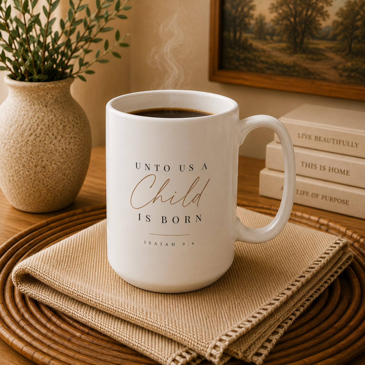 A white ceramic coffee mug with the text 'UNTO USA A Child IS BORN ISAIAH 49:14' in black and rose gold lettering, filled with coffee and placed on a woven placemat with a beige napkin. The background features a speckled vase with greenery, a framed landscape print, and a stack of books.