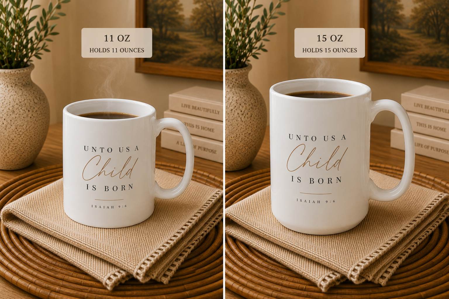 Two side-by-side views of a white ceramic mug with the text 'UNTO USA A Child IS BORN' in black and rose-gold lettering, shown on a woven table with books and plants in a warm interior setting. The left panel indicates 11 OZ capacity, and the right panel indicates 15 OZ capacity.