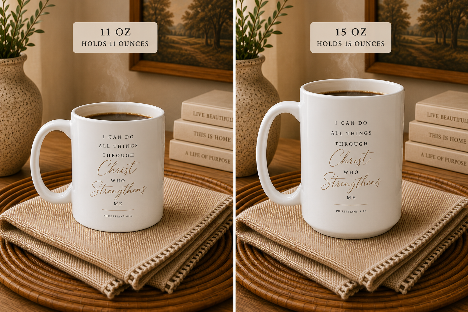 A side-by-side comparison of two white ceramic mugs with inspirational Bible verse text, labeled 11 OZ and 15 OZ. The mugs are styled on a woven placemat with stacked books and a vase in a warm, cozy room setting.
